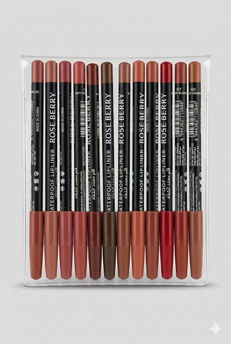 Rose Berry Waterproof Lip Liner Set, Assorted Nude and Red Shades, Long-Lasting Formula, 12 Piece